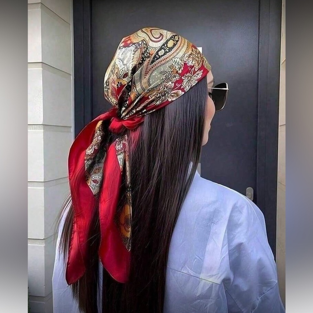 Boho Red Floral Paisley Silk Headscarf